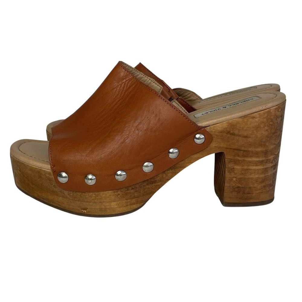 Chelsea & Violet Women's Brown Leather Studded Platform Wooden Clog Size 10 Boho